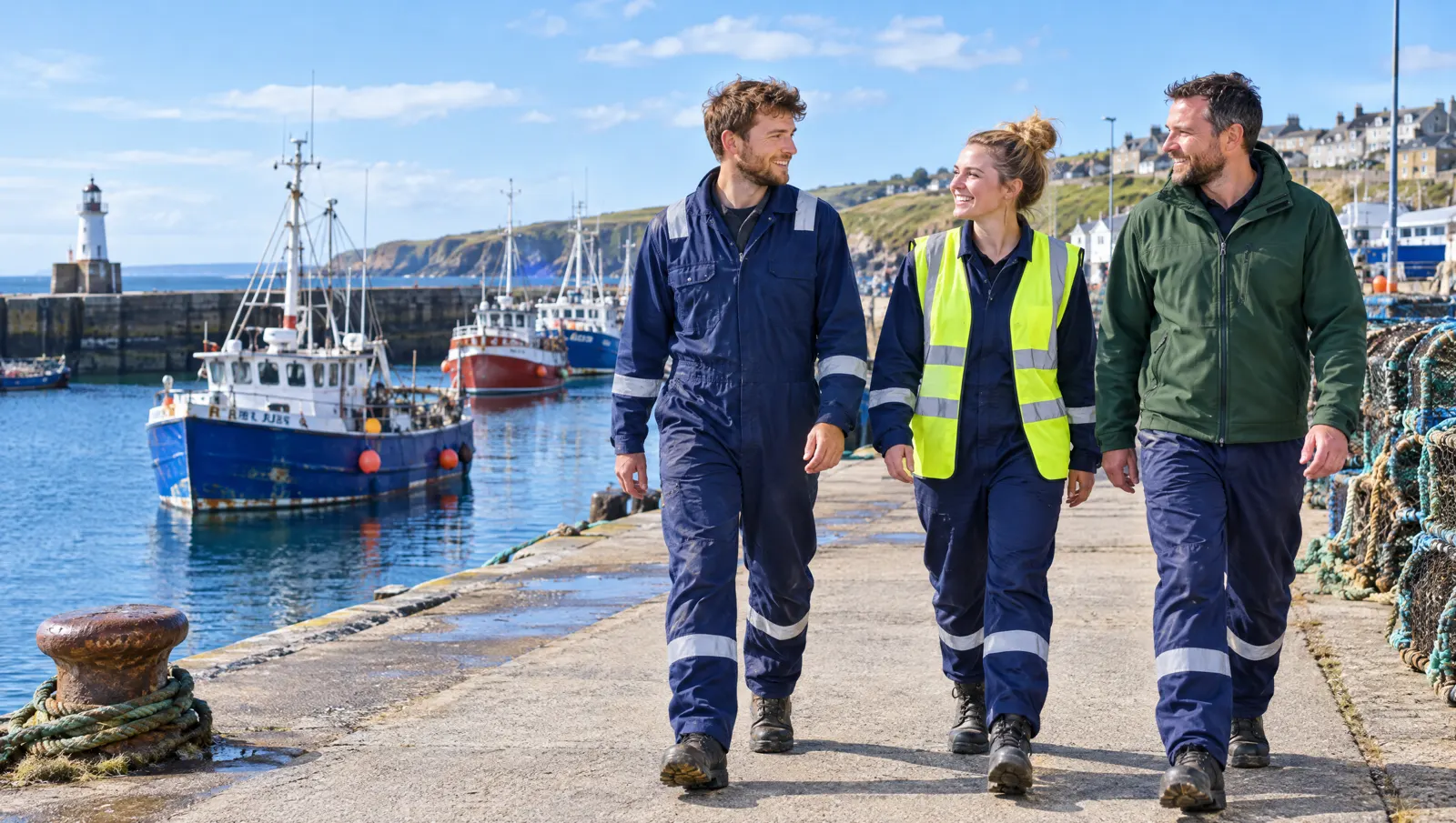 Three workers in coveralls, hi-vis and softshell walking along a harbour quay