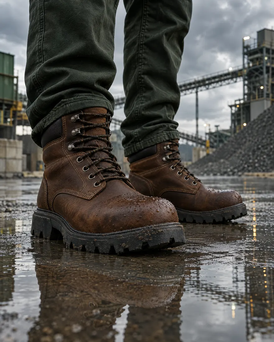 Brown leather safety boots standing on wet concrete at an industrial site