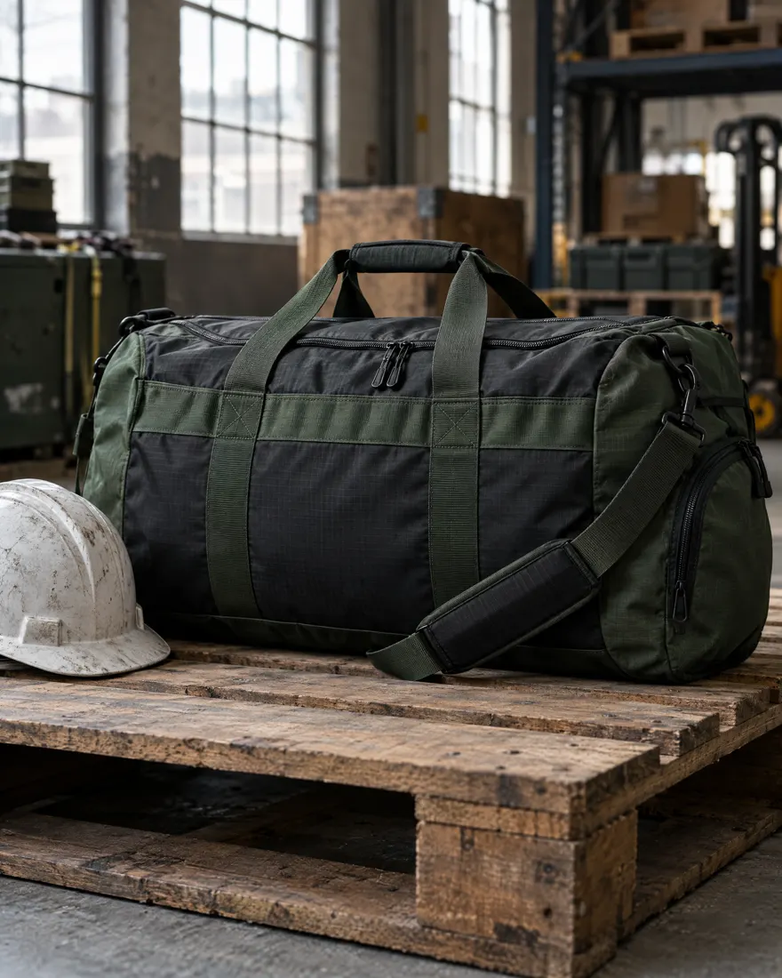 Black and green holdall kit bag on a pallet in a warehouse