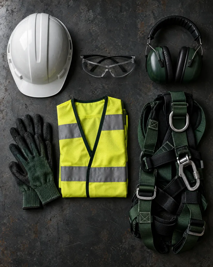 Safety helmet, glasses, ear defenders, gloves, hi-vis vest and harness laid out