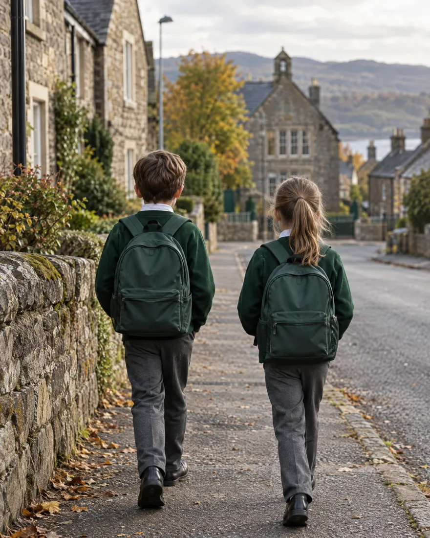 Two pupils in green school sweatshirts walking to school