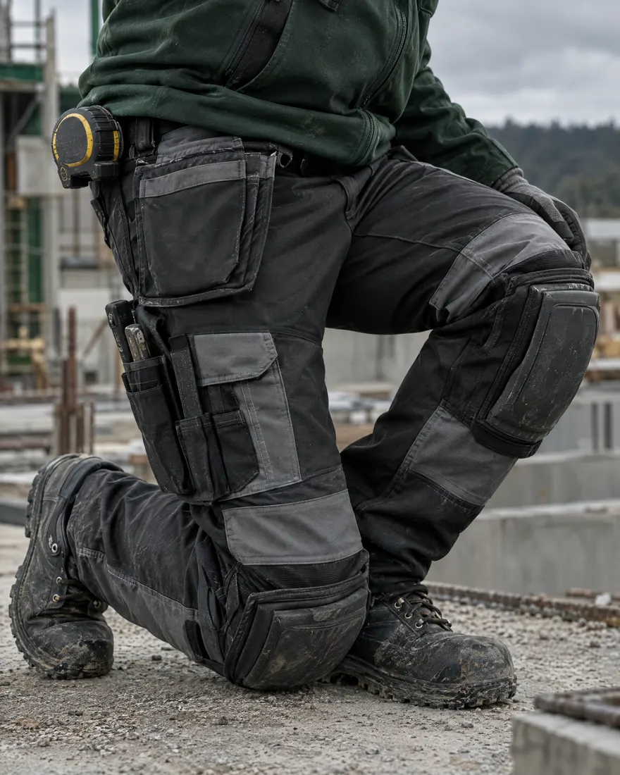 Worker kneeling on site in multi-pocket work trousers and safety boots
